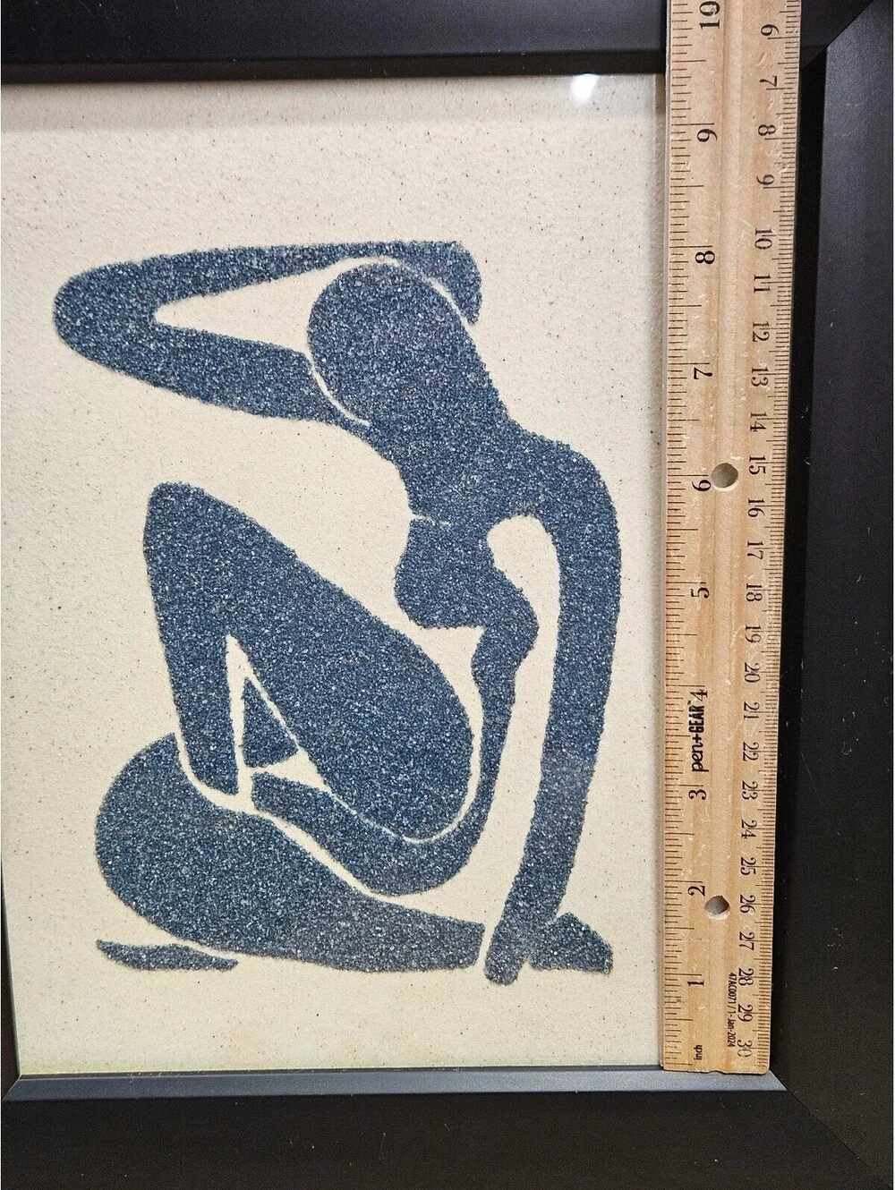Vintage Framed Matisse Style Blue Seated Female Silhouette Textured Sand Art